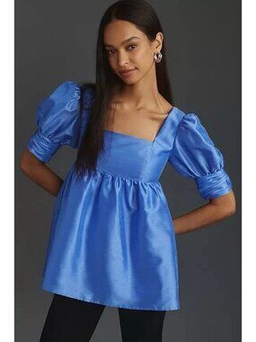 Anthropologie Hutch M Square Neck Puff Sleeve Satin Longline Babydoll Top Ruched